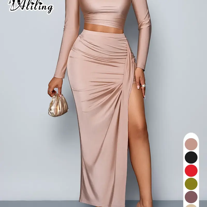 Aliling Two-Piece Set Women's Solid Long Sleeve Crop Top & Ruched Split High Waist Skirt, Elegant Chic Fashion for Female Outdoor Wear, Autumn Women Clothing