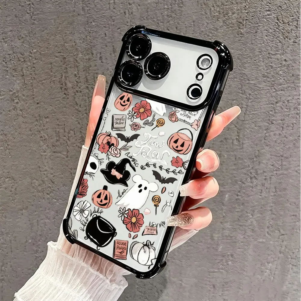 Dusty Pink Floral Ghost Pumpkin Witch Halloween Sticker Collage Phone Case, Soft Vintage Spooky Doodle Pastel Style for iPhone 17 16 15 14 13 12 11 Plus Pro Max, Cute Fall Holiday Gift