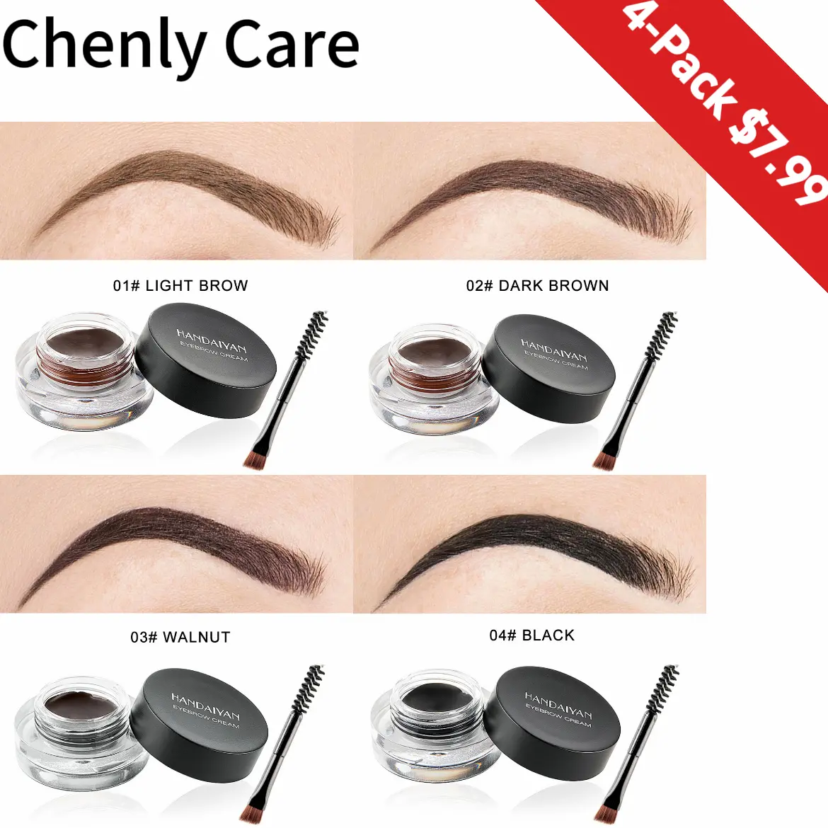Chenly Care 4-Piece Eyebrow Pomade Cosmetic Set with Application Brush, Waterproof Gel, Long-Lasting, Smooth Finish, 4 Shades (Dark Brown, Light Brown, Walnut, Black) - Ideal Gift for Makeup Enthusiasts