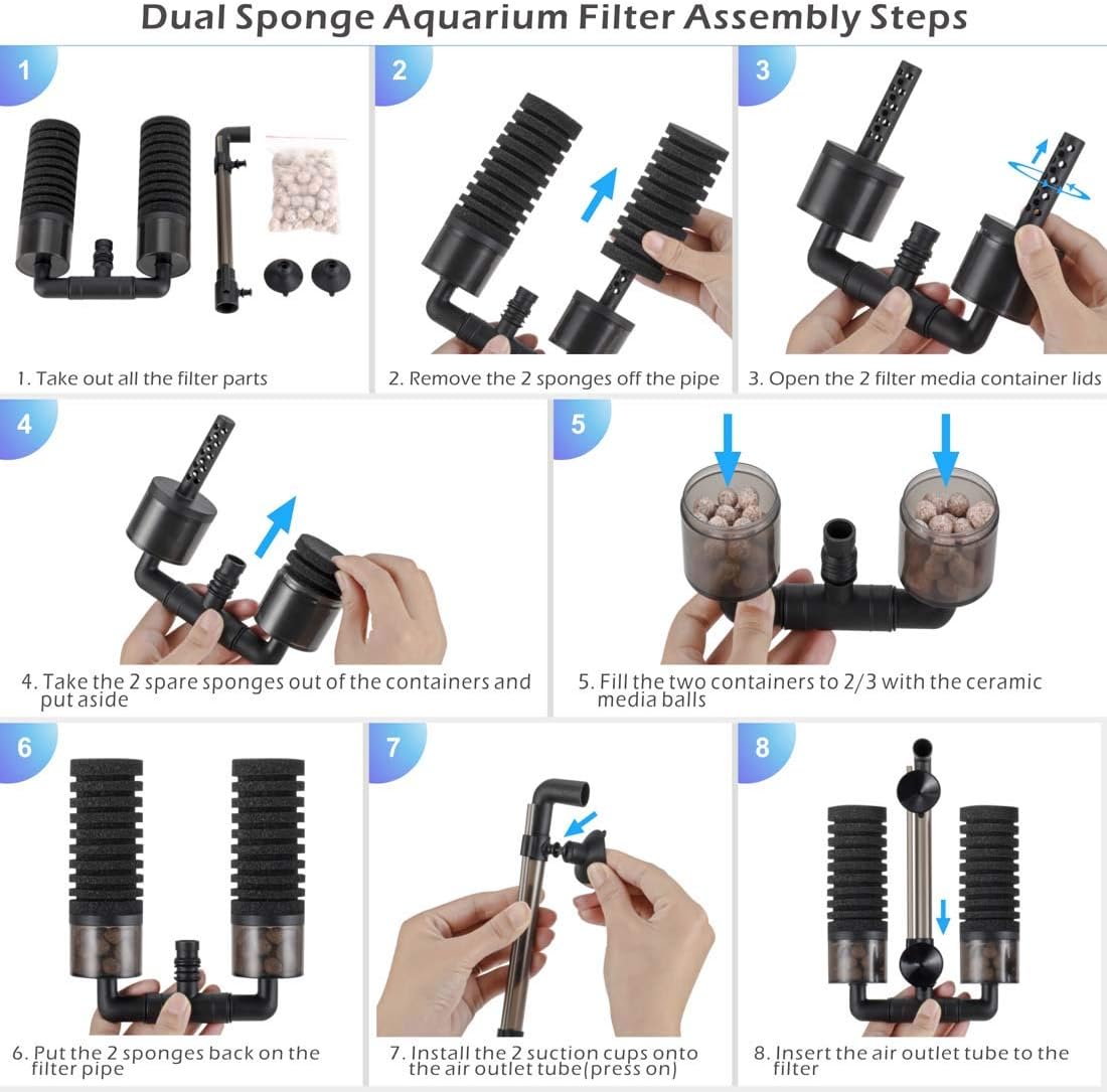 Sponge Filter, Aquarium Filter Double Sponge Replaceable Media with 4 Biochemical Sponges and 1 Bag of Filtered Ceramic Balls Ultra Quiet Filter Fish Tank (S/M)