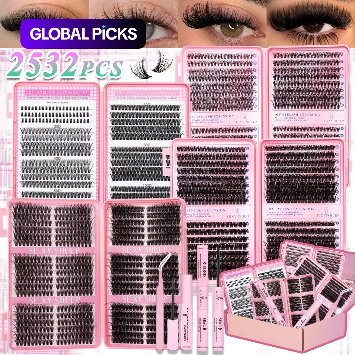 2532-Piece Natural Eyelash Extensions Kit, DIY Individual Lash Clusters (4 Boxes), Curl Cluster Lashes, Soft Lightweight 72-Hour Lasting Lashes, Includes Bond & Seal, Remover & Tweezers, for Beginners #GLOBAL PICKS