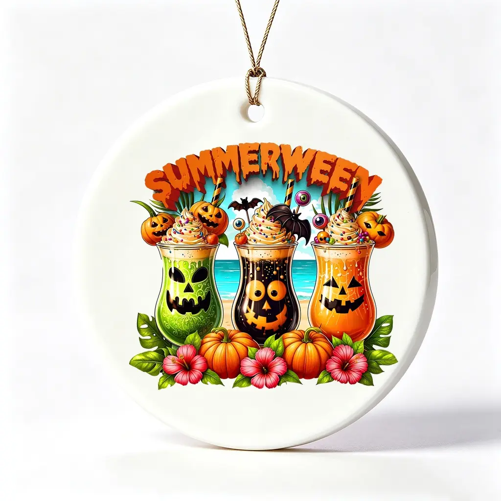 3 Inch, Summer Halloween Style, Ceramic Ornament, Tropical Pumpkin Cocktail Design With Hibiscus Flowers And Beach Theme, Hanging Decoration For Seasonal Home Decor