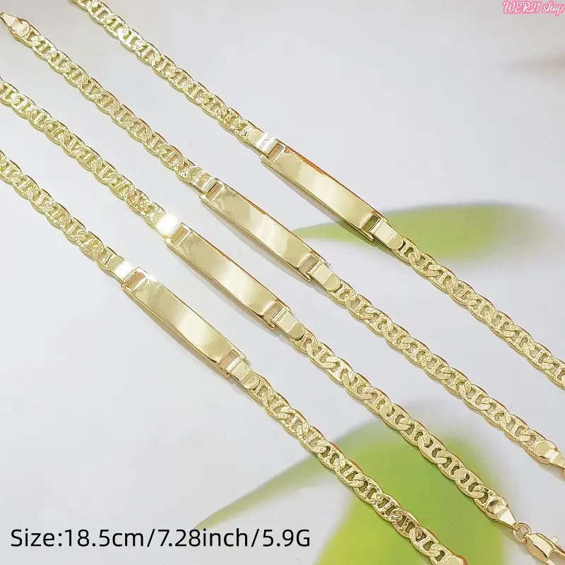 [WER21]1PC 18K Gold Plated Mariner Link ID Bracelet for Women, Engravable Flat Bar Chain Bracelet with Lobster Clasp, 7.5 Inch, Personalized Statement Jewelry