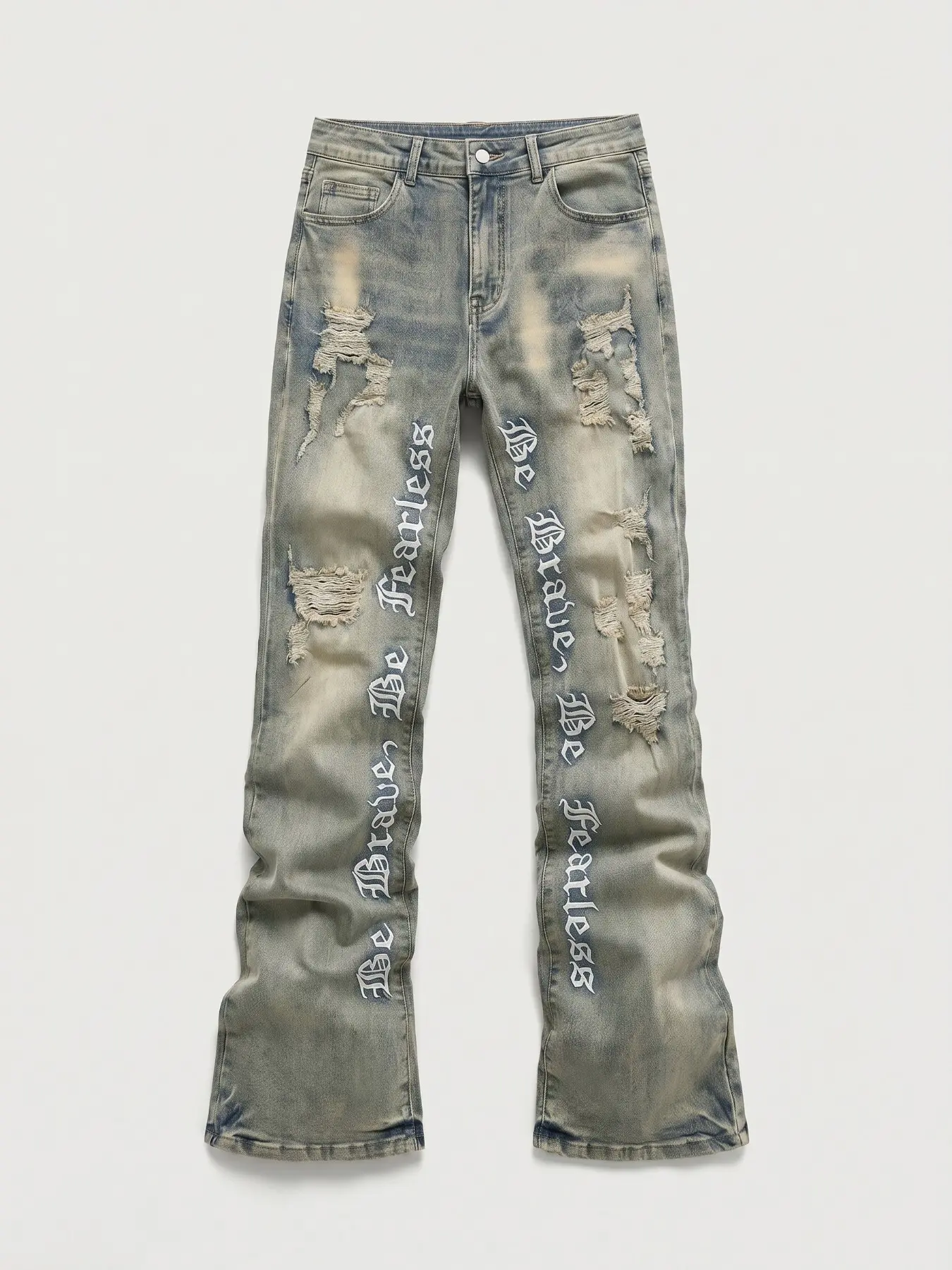 Men's Embroidered Jeans, Micro Flare Denim Jeans, Letter Stitching, Tight Fit, Ripped Bell Bottoms, Washed Y2K Style, All Seasons
