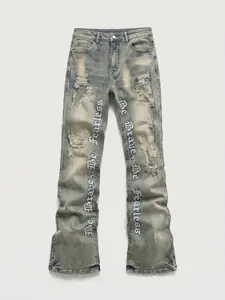 Men's Embroidered Jeans, Micro Flare Denim Jeans, Letter Stitching, Tight Fit, Ripped Bell Bottoms, Classic Washed Y2K Style, All Seasons