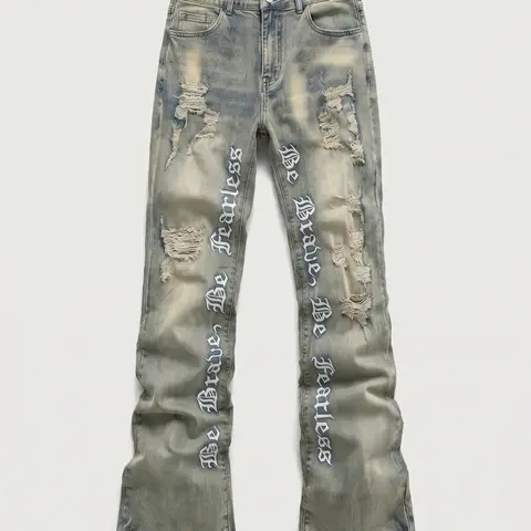 Men's Embroidered Micro Flare Denim Jeans, Flared Denim Jean, Letter Stitching, Tight Fit Ripped Bell Bottoms, Washed Y2K Style for All Seasons