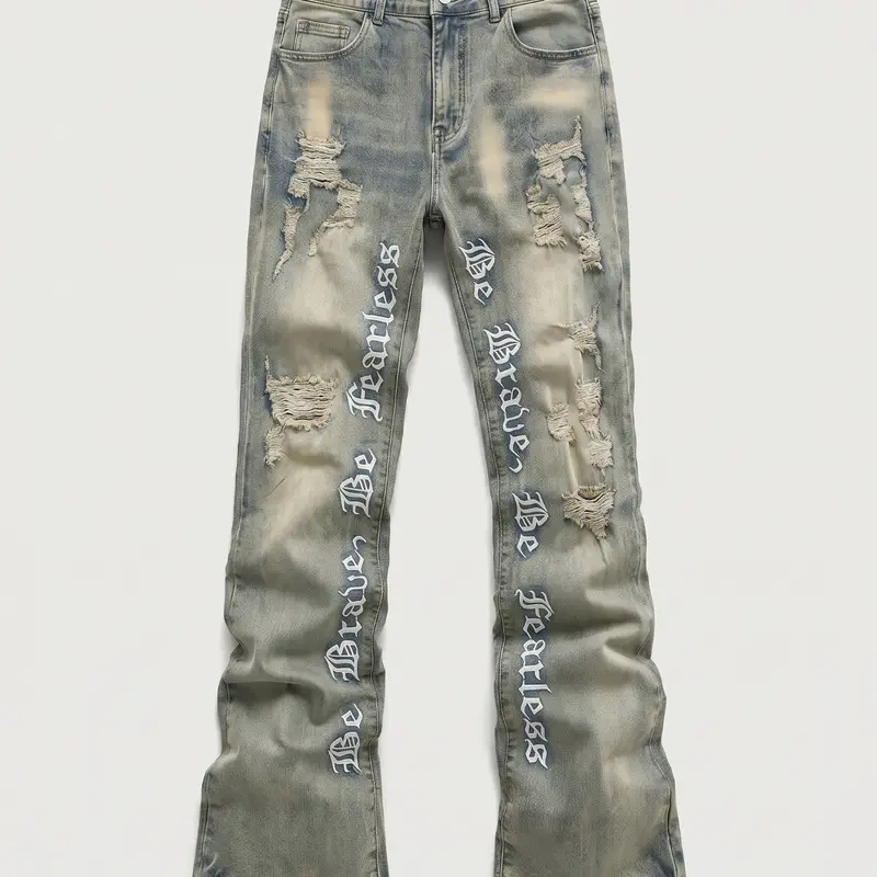 Men's Embroidered Micro Flare Denim Jeans, Flared Denim Jean, Letter Stitching, Tight Fit Ripped Bell Bottoms, Washed Y2K Style for All Seasons