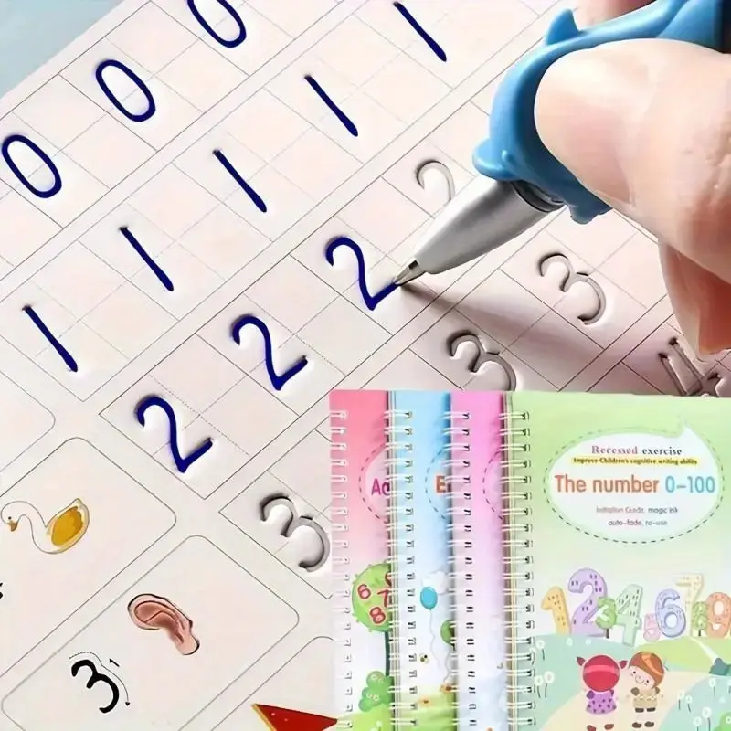 4 Books Full English and Numbers Practice Sheets, Preschool Pen Control Writing Set, Early Learning Magic Writing Kit, Handwriting Practice Kit