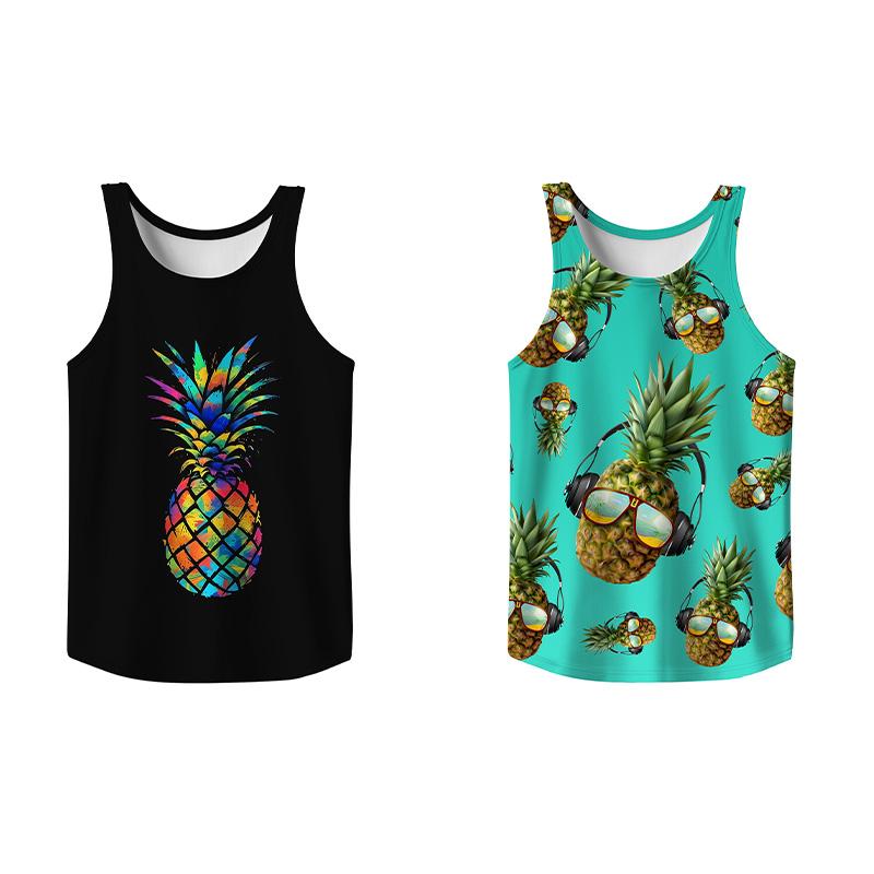 2 Pack Tropical Fruit Graffiti Tank Top, Summer Men Clothes Slim Fit Apparel, Menswear Gym Workout Comfy Casual Sleeveless for Vacation Outfit