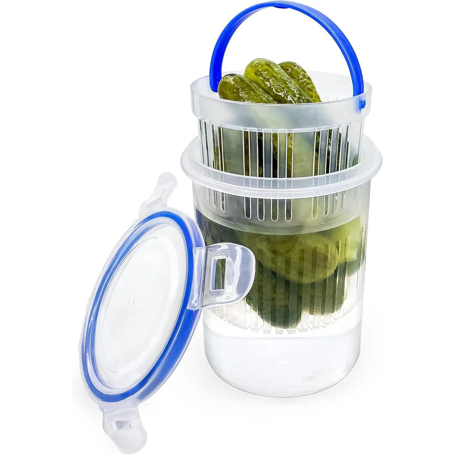 Pickle Jar 24 oz pickle container with strainer Pickle Holder Keeper Lifter, pickle storage container suitable for pickling small jars of kimchi, Flip Jar with Leak Proof and Lock It Lid