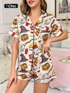 Halloween pajama costume 2-piece set for women, full body college hat, owl treasure chest pattern, printed short sleeved shorts, soft and comfortable lapel design, small pocket top, button closure, elastic waistband, home holiday women's pajama set