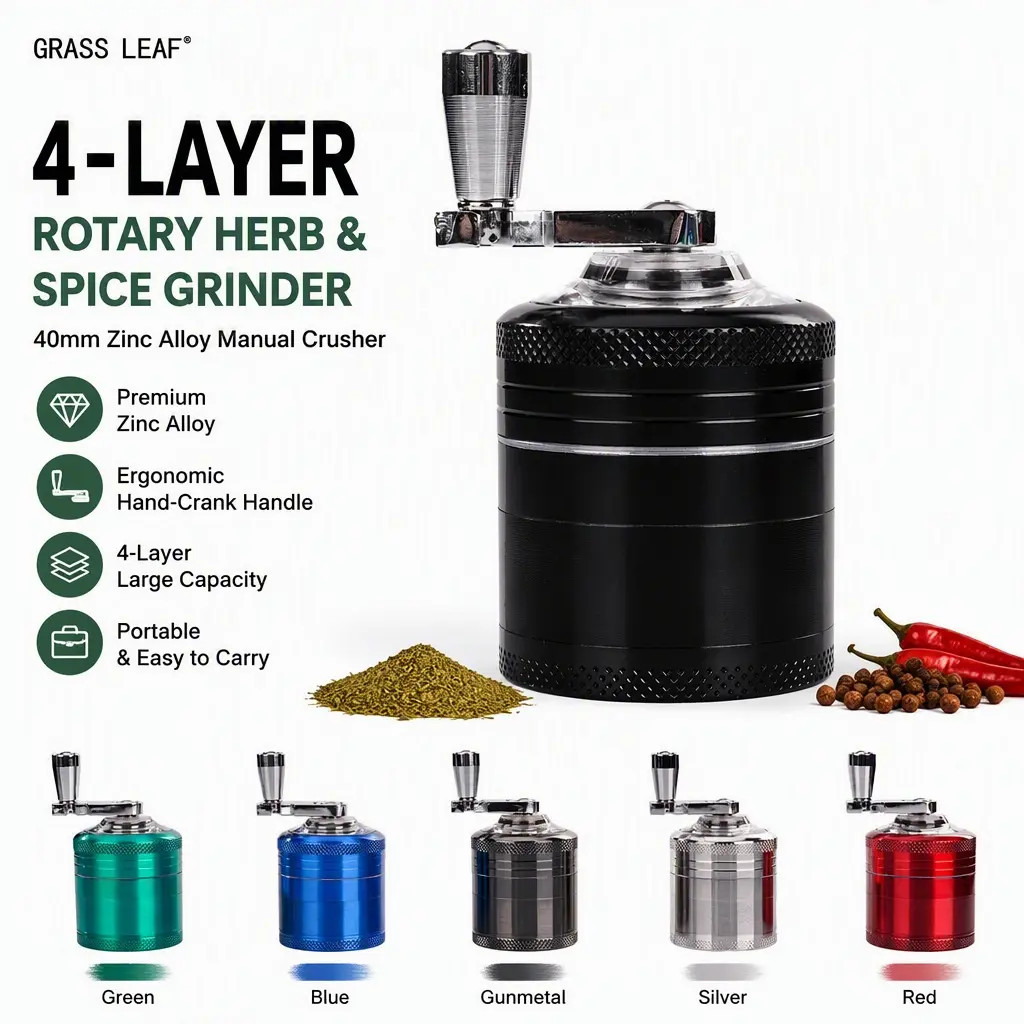 Popular 40mm zinc alloy hand-cranked grinder, metal grinder with handle, four-layer grinder