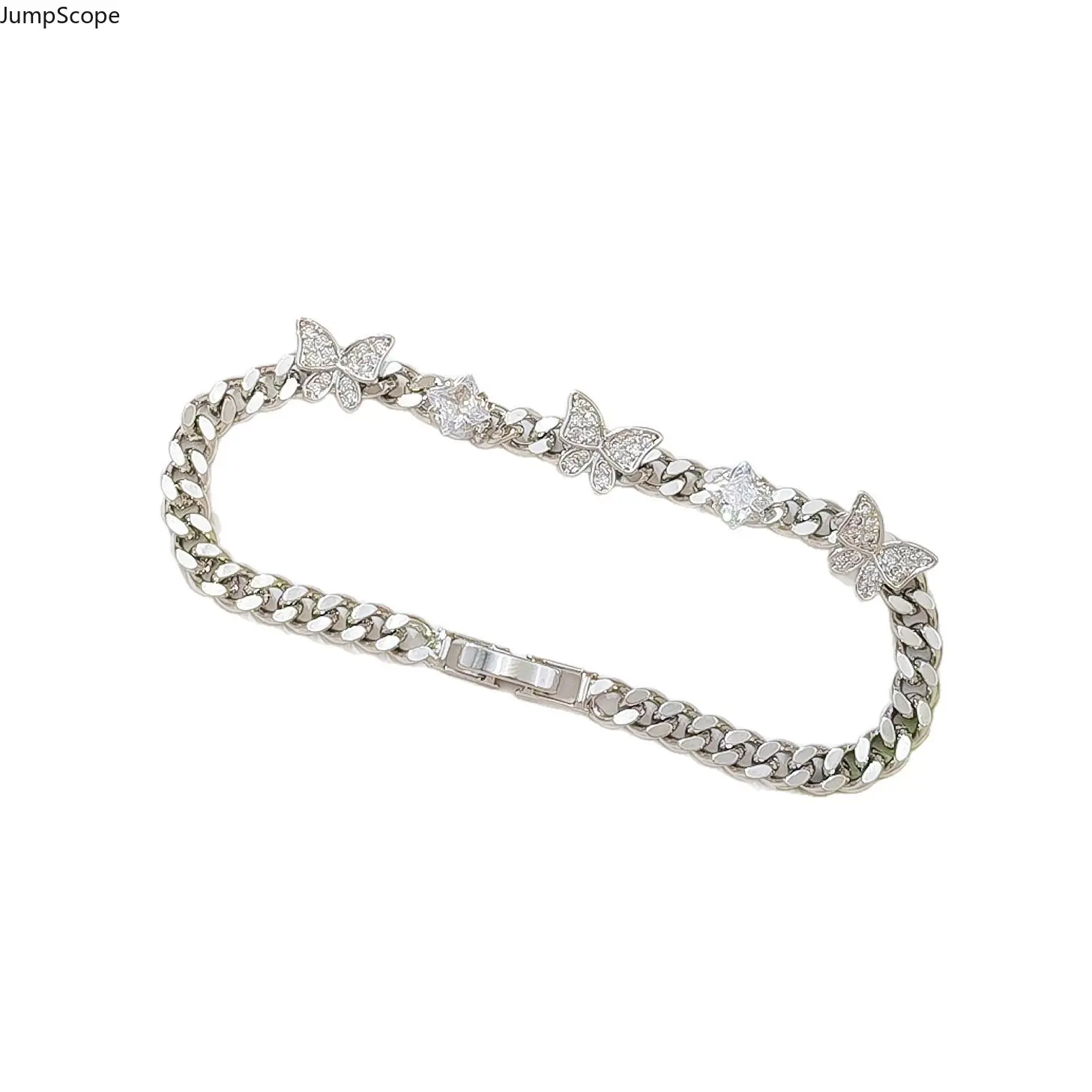 Women's Chunky Silver Cuban Link Bracelet - Micro Pave CZ Butterfly Square Crystals Stackable Indoor Leisure Wrist Jewelry for Valentine Banquet, Casual Daily Wear (Cubic Zirconia)