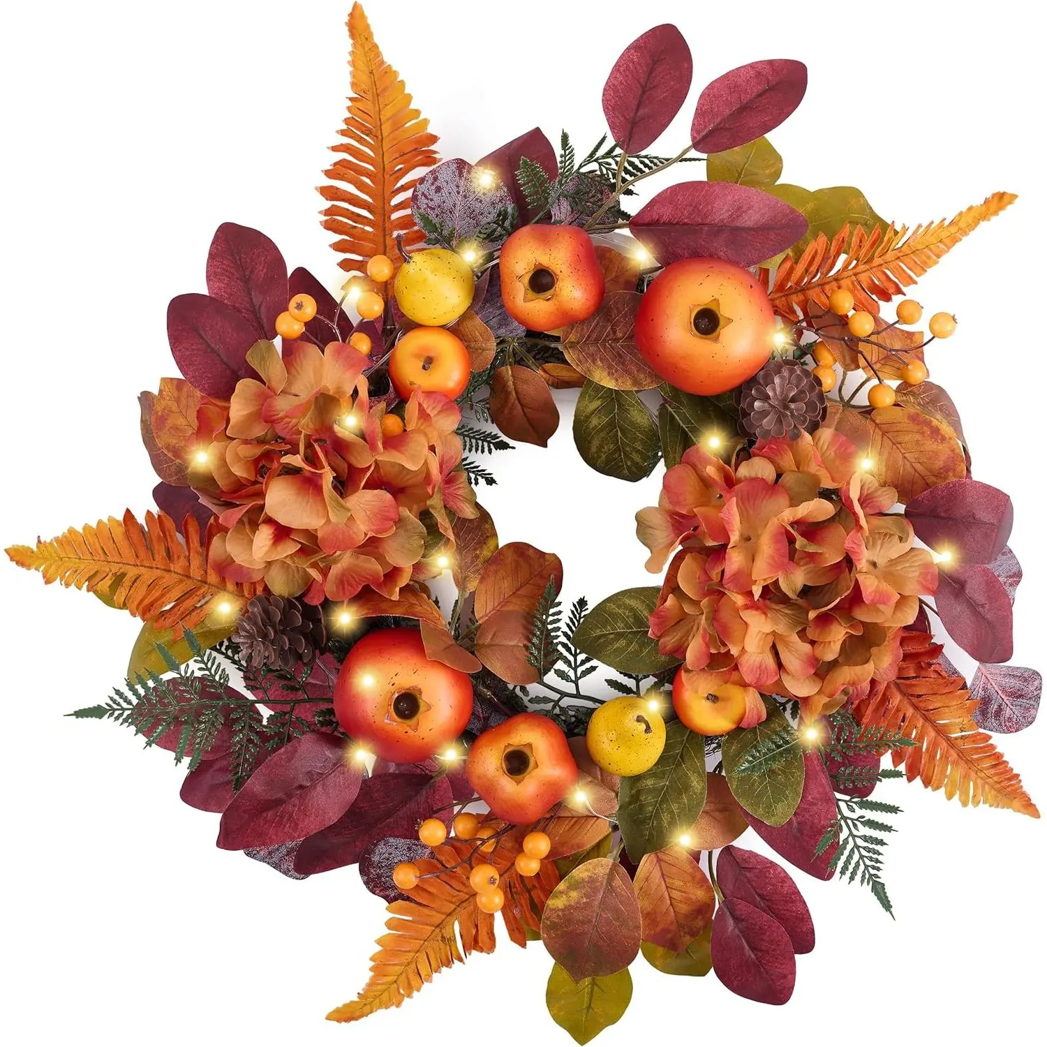 DecorbyHannah Fall Wreath for Front Door, 18 Inch Lighted Autumn Harvest Thanksgiving Door Wreaths Decor with Lights, Pinecone Pomegranate Boxwood Berry for Mantle Porch Wall Home Indoor Outdoor
