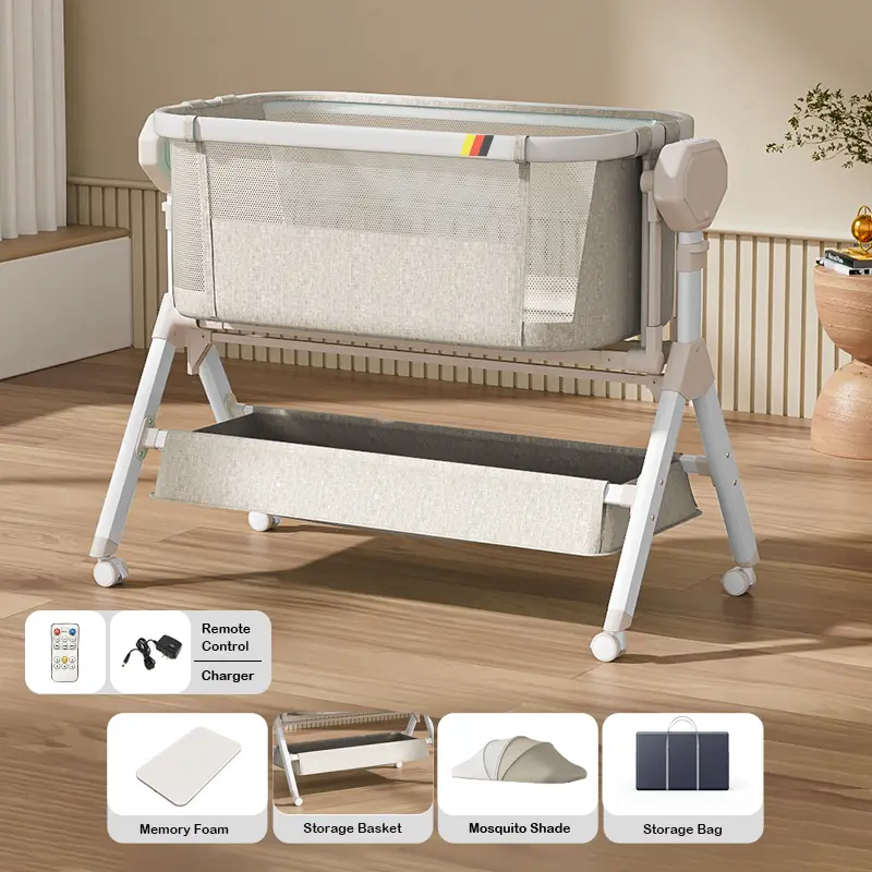 Aobtkel Automatic Rocking Bassinet for Baby, Adjustable Bedside Crib with 5 Rocking Speeds, Remote & Panel Control, 5/15/30-Minute Timer, Swivel Wheels, Mattress, Mosquito Net & Storage Basket for Newborns