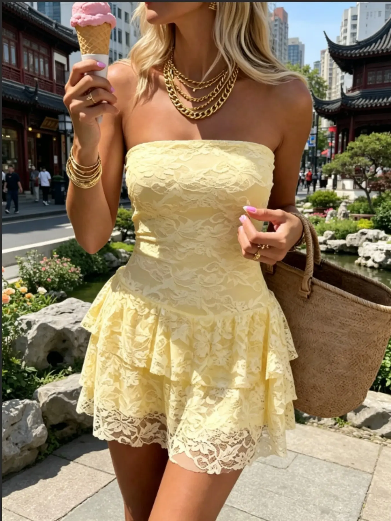Summer Women's Solid Color Lace Bodycon Mini Dress, Cute Strapless Mini Dress, Perfect for Spring Outing, Vacation, Tea Party, Friends Gathering, Chic, Feminine