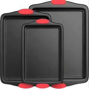 3-Piece Nonstick Baking Sheet Set, Cookie Sheet Pans for Oven, Heavy Duty Carbon Steel Bakeware with Silicone Grips, Small Medium Large