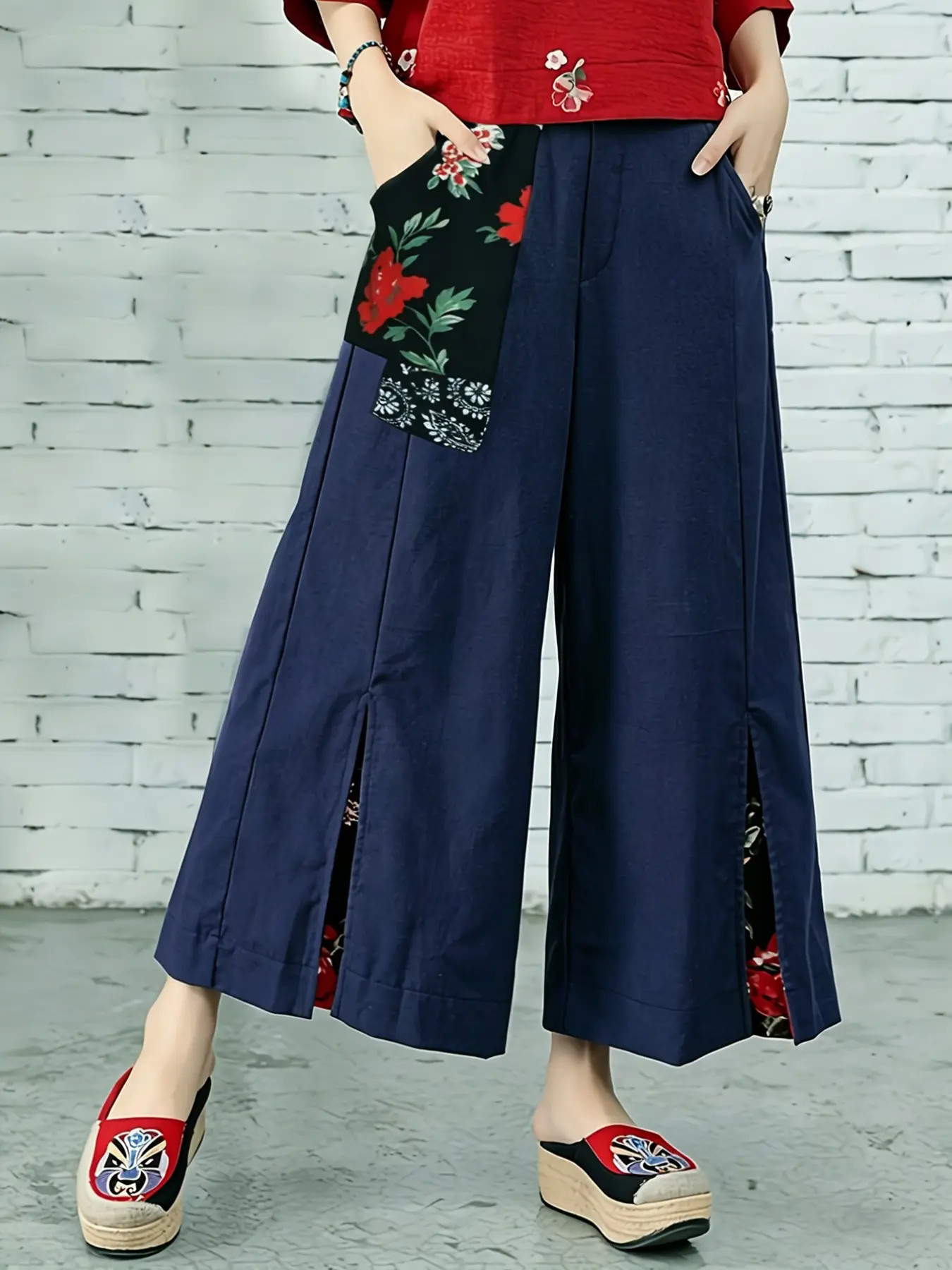 Vintage Floral Wide Leg Pants, Patchwork Design, Colorblock Pockets, Split Hem, Loose Fit, Casual Style, Mid Waist, Elastic Waistband