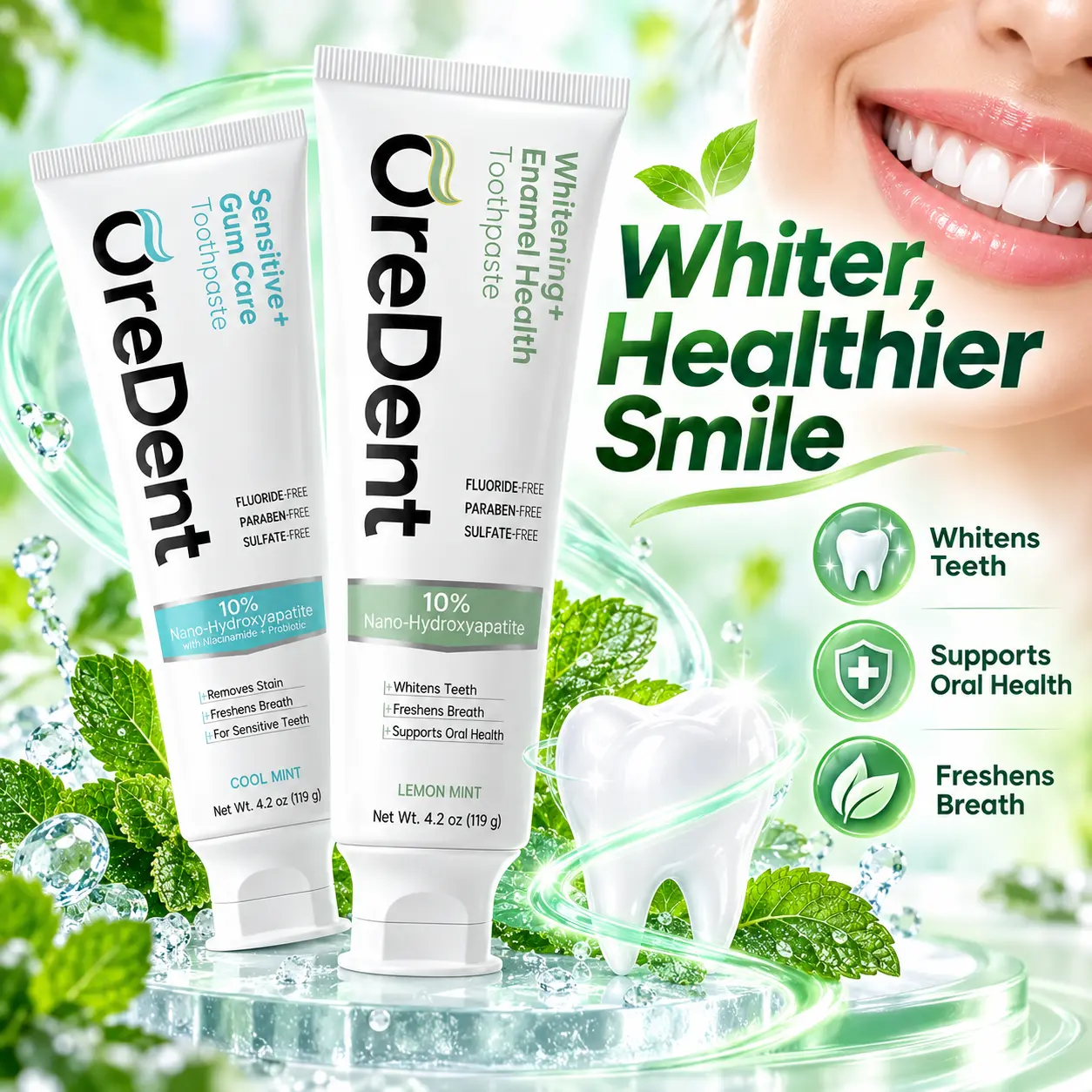 10% Hydroxyapatite Toothpaste,Fluoride- Free Oral Care Product for Adults, Enamel Care, Brightening, Sensitive Teeth Care, Refreshing Flavor, 4.2oz Single Item, 36 Months Shelf Life,Lemon Mint,Cool Mint