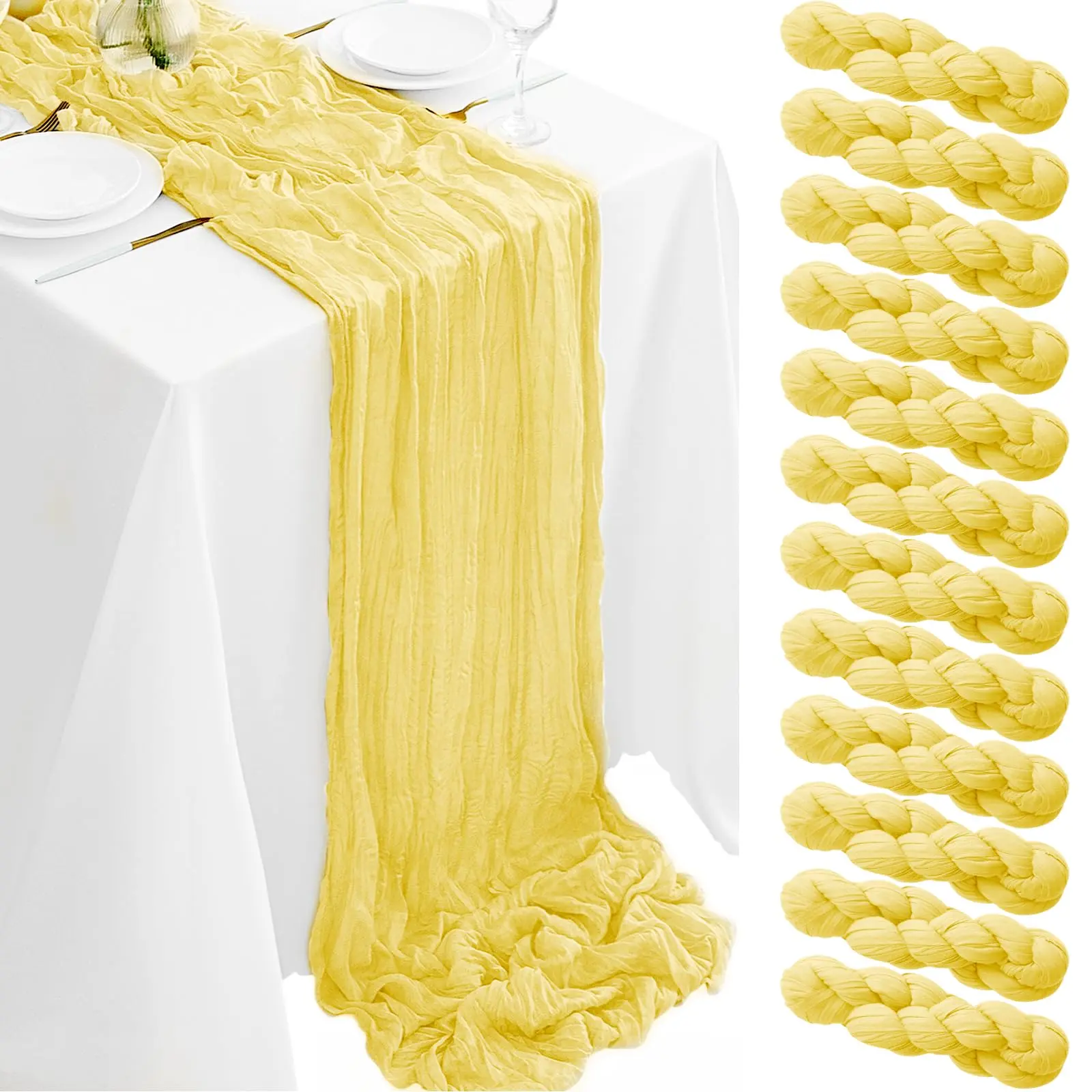 6/12 Pack Lemon Yellow & Light Blue Pleated Cheesecloth Table Runner, 17x108in Semi-Sheer Boho Gauze Table Top Decor with Exquisite Edges, Machine Washable for Wedding Party, Romantic Vibe All-Seasons Use, Note: Avoid Direct Sunlight, Large, Chair Cover S
