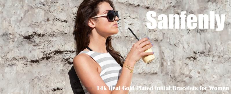 Sanfenly Personalized Initial Stackable Bracelet Set - 14K Gold Plated Stainless Steel A-Z Letter Heart Coin Charm Adjustable Bracelets for Women