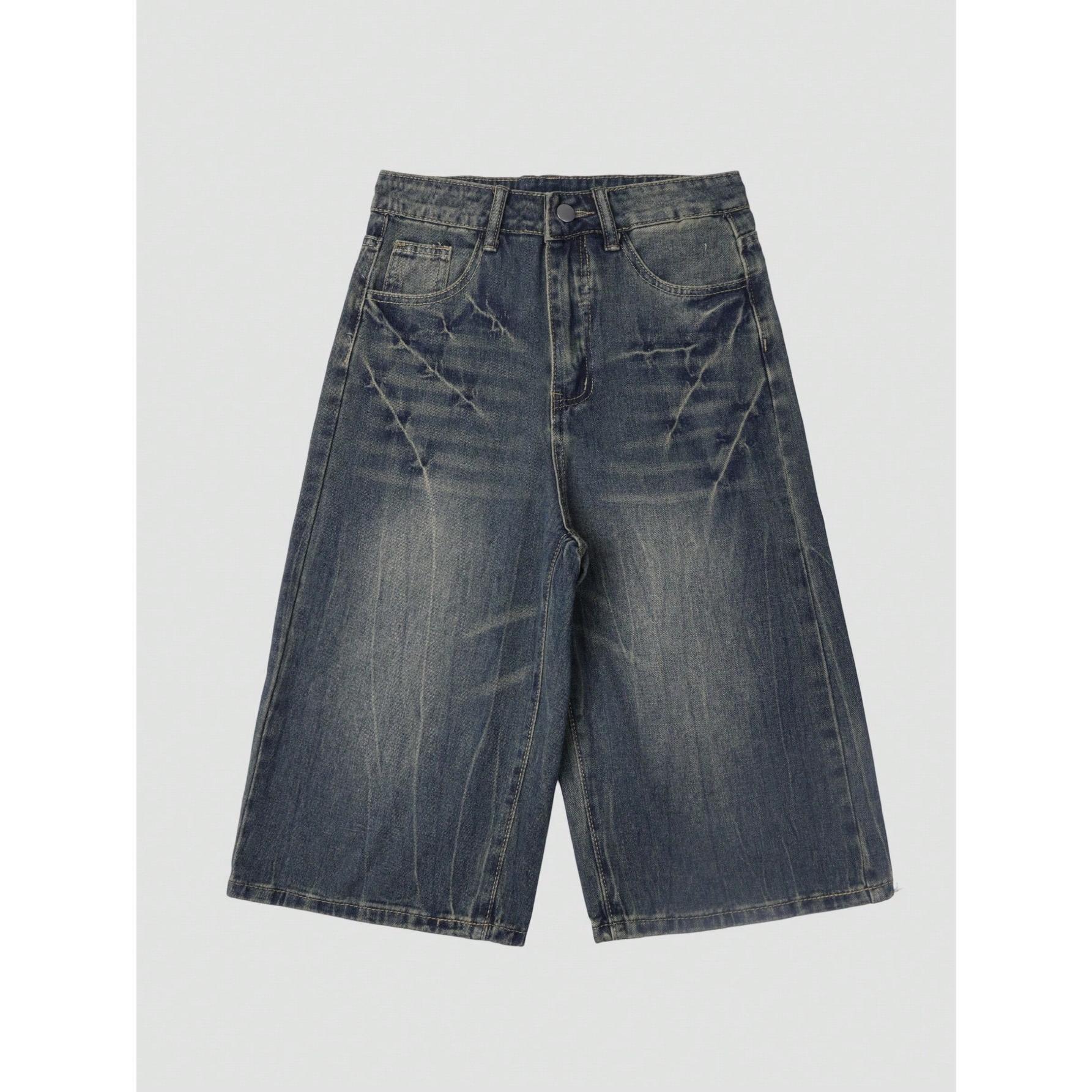 Vintage Washed Cat Whisker Pocket Wide Leg Bermuda Denim Shorts Casual Capri Music Festival