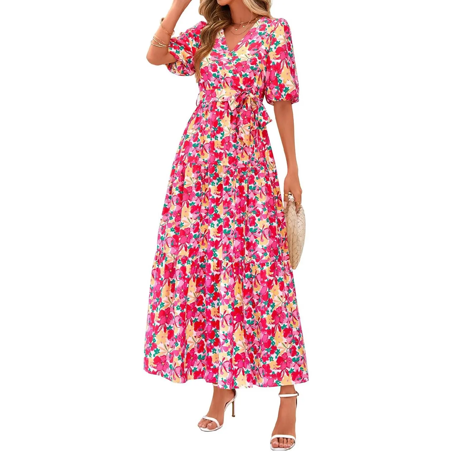 Women's Flowy Maxi Dress - Boho Floral V-Neck with Ruffled Puff Short Sleeves for Summer Beach Resort Wear, Shortsleeve, Bohemian