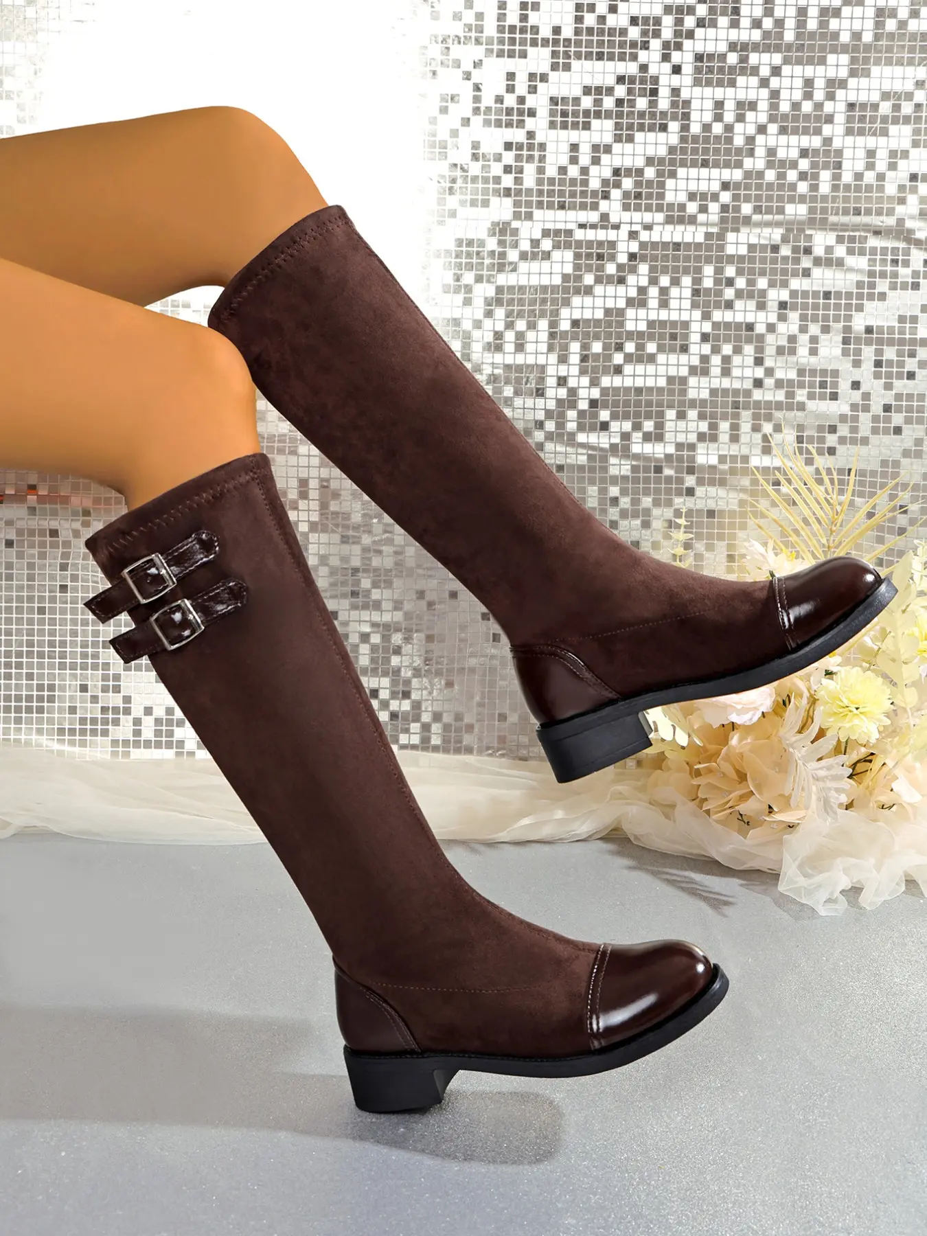 Women's New Patchwork Leather Long Boots with Double Row Buttons and Side Zipper, British Retro Workwear Style for Fall & Winter, Casual Daily, Commuting, Light Business Events
