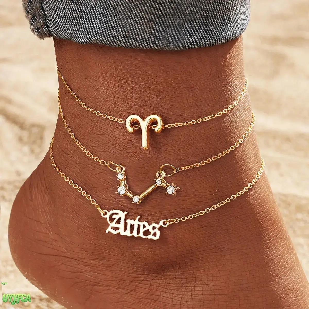 3 Layer Gold Zodiac Anklet Set For Women, Old English Font Nameplate Ankle Bracelet, Rhinestone Constellation Star & Zodiac Symbol Stackable Foot Chain,Boho Foot Jewelry, Summer Beach Birthday Horoscope Sentimental Gift,Beach vacation