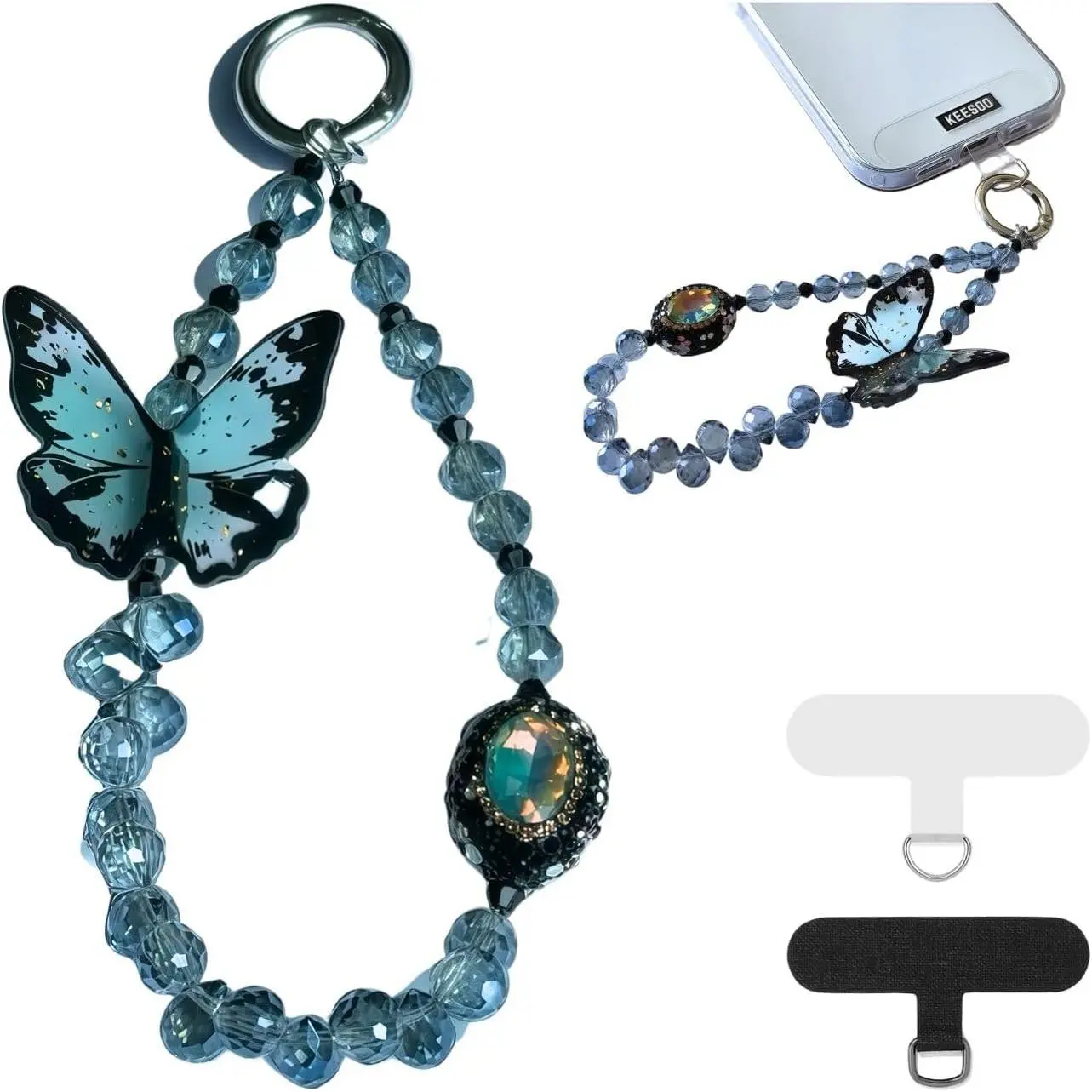 Blue Butterfly Bliss Original Design Phone Charm with 2 Tether Tabs - Stylish, Durable, and Hands-Free Phone Chain - Compatible with iPhone, Samsung, Pixel & More