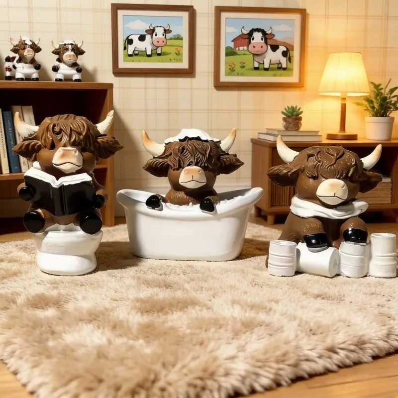 Cute Bathroom Highland Cow 3 Pack Resin Statue Ornaments, Waterproof Hand-Painted Scottish Cattle Figurines For Wash Basin Countertop Shelf Decor, Rustic Mini Home Desktop Sculpture, Exquisite Novelty Gift For Housewarming Birthday, Multi-Style Animal Dec