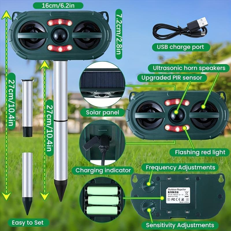 Solar-Powered Animal Repeller, Deer Repellent Devices, Waterproof Ultrasonic Pest Repellent for Outdoor Farm and Orchard Use
