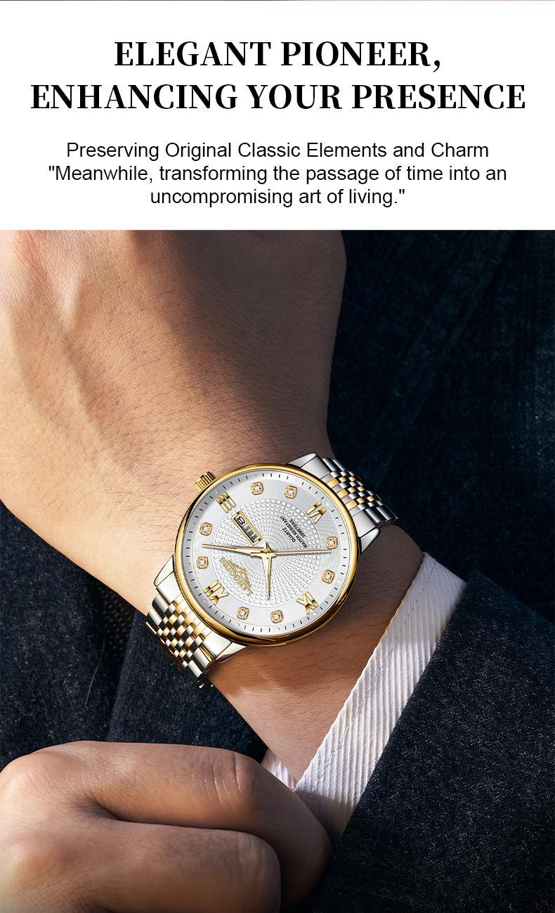 LANGQIES Elegant Multi-Function Men's Watch with Original Swiss Movement, featuring Dual Calendar, 42mm Dial, Sapphire Crystal, Stainless Steel Band, and Luminous Water-Resistant Design.