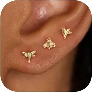 3 Pair Tiny Flat Back Earrings for Women - 14K Gold/White Gold Plated Dainty Cute Small Screw Flatback Stud Earring, Everyday Wear Gift