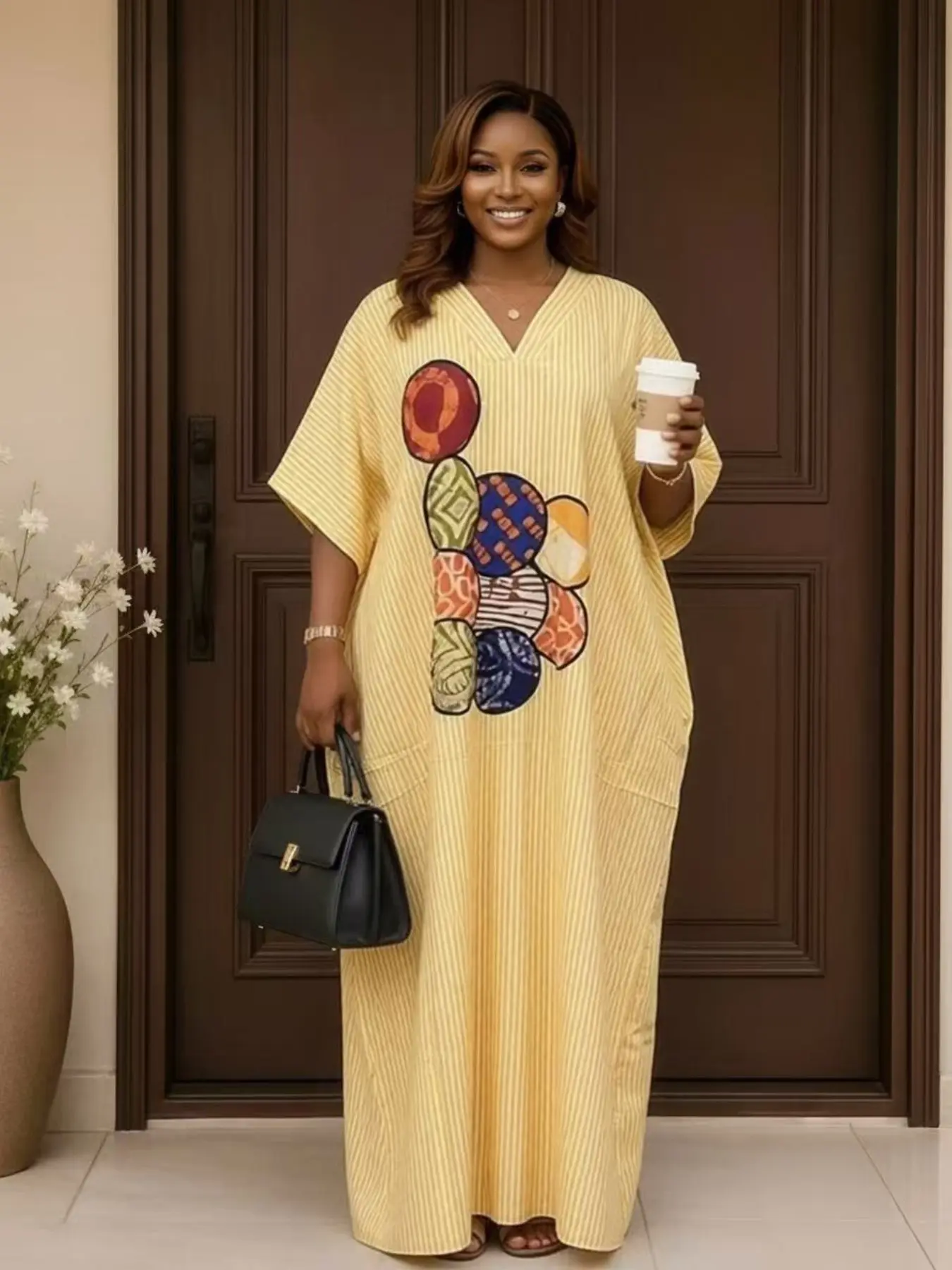 New casual striped print loose plus-size everyday commuting cute boubou kaftan women's fashion dress that hides fat and flatters the figure, stylish V-neck short sleeve, suitable for vacation, party, and beach, comes with scarf and pockets
