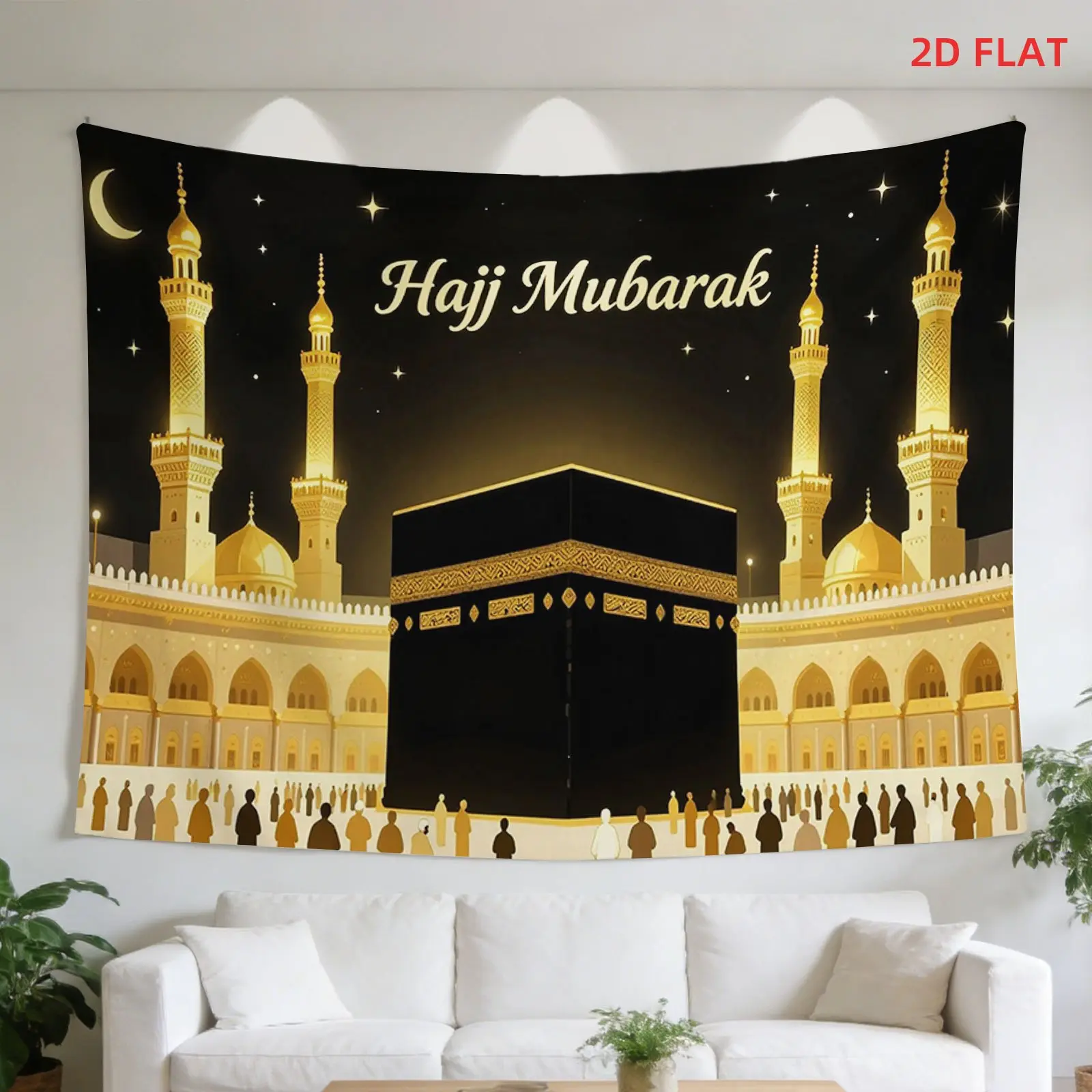 2D Flat - 2D Flat - A Large Tapestry Featuring A, Kaaba, And Crescent Moon, Perfect for Decorating Your Bedroom, Living Room, Meditation Space, Or Office. It Is Not Luminous And Is Suitable for Various Occasions, Including Parties