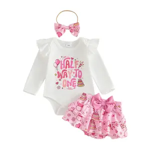 Infant Baby Girls Half Birthday Outfit Cute Letter Cake Print Long Sleeve Romper and Tutu Skort Headband Set 3-12 Months