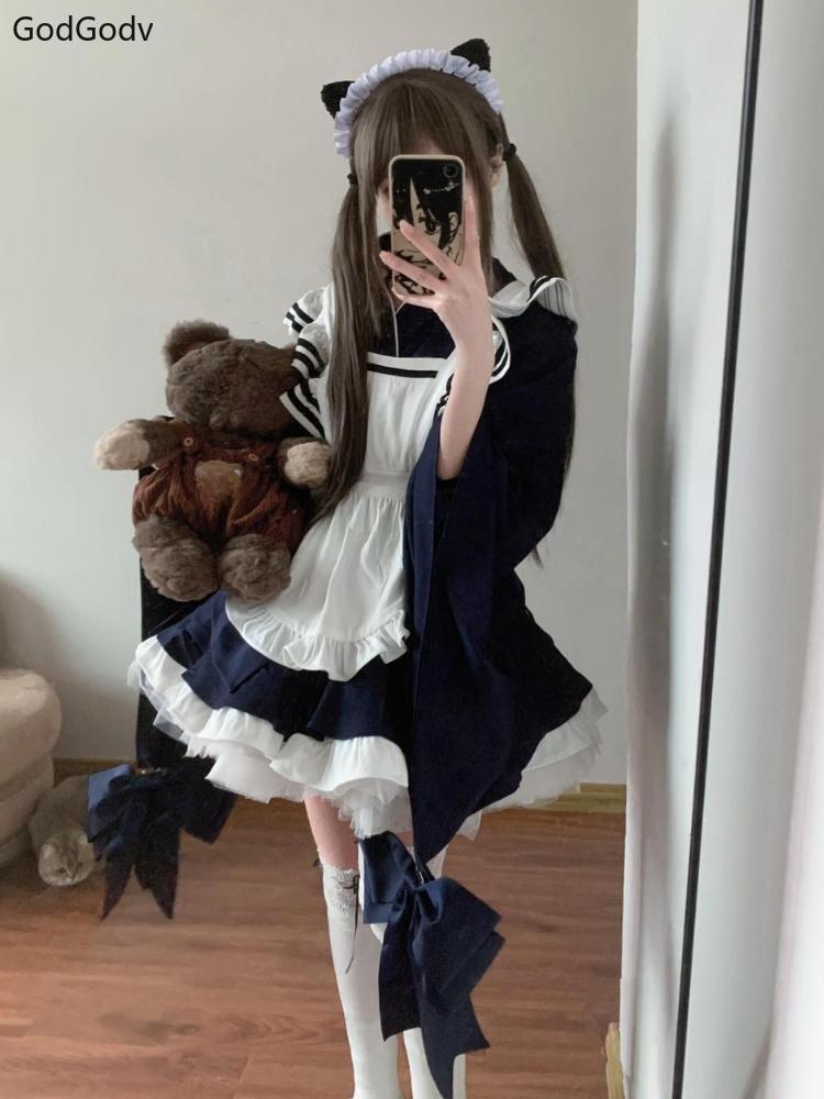 Spring Cosplay Lolita Woman Dress Elegant Bow Ruffle Design Navy Blue Cute Design Maid Dress Female Kawaii Chic Party Outfits