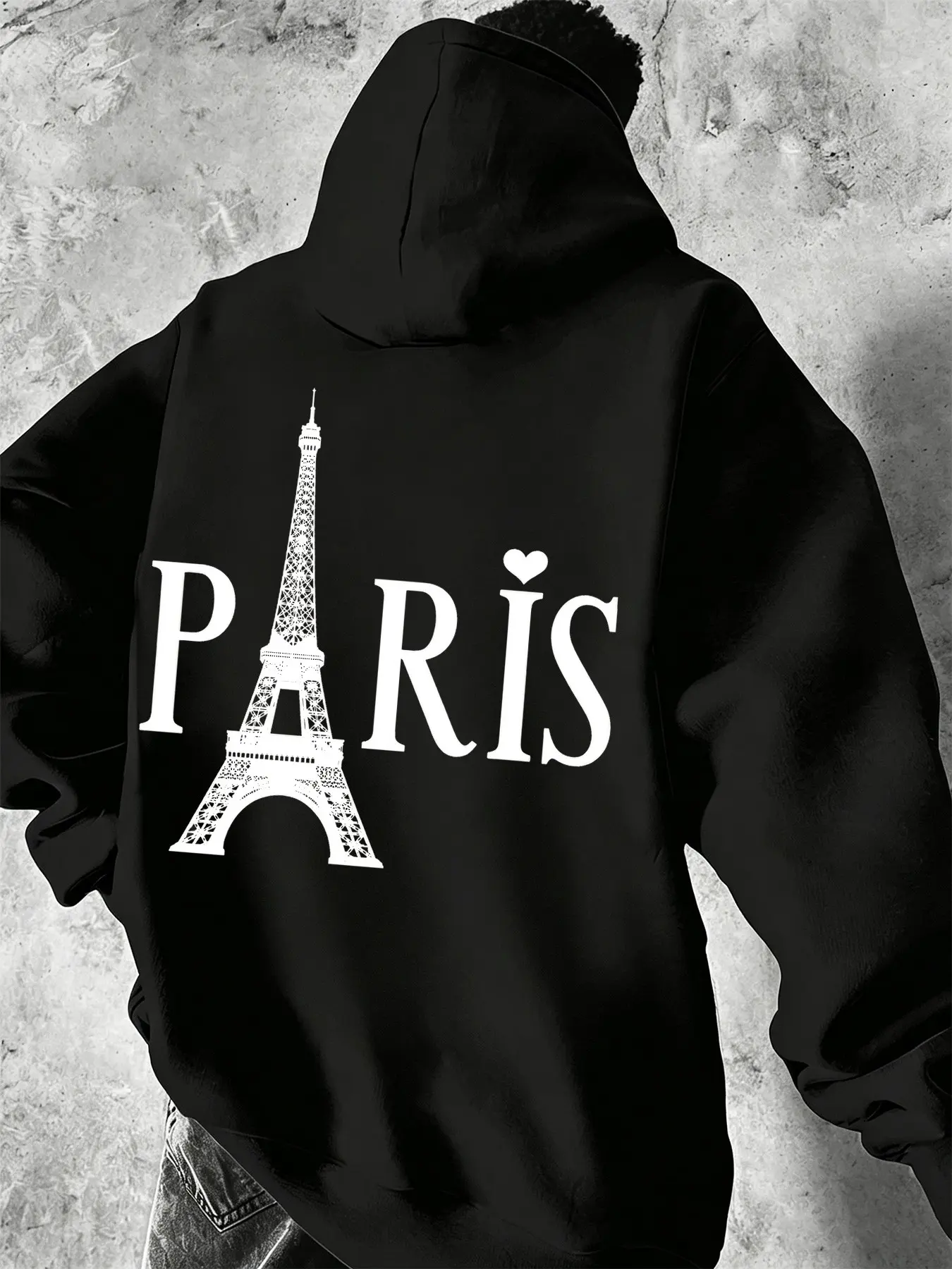 Mcd Oversized Fleece Pullover Hoodie Unisex, Paris Letter Heart Eiffel Tower Print, Casual Streetwear for Daily Wear