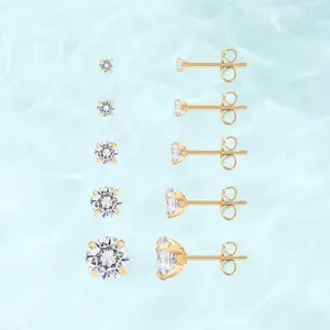 PAVOI Waterproof Five Pairs Stud Earrings Set for Women - 14K Gold Plated Stainless Steel 5 Earrings Pack - Hypoallergenic Premium Cubic Zirconia Studs