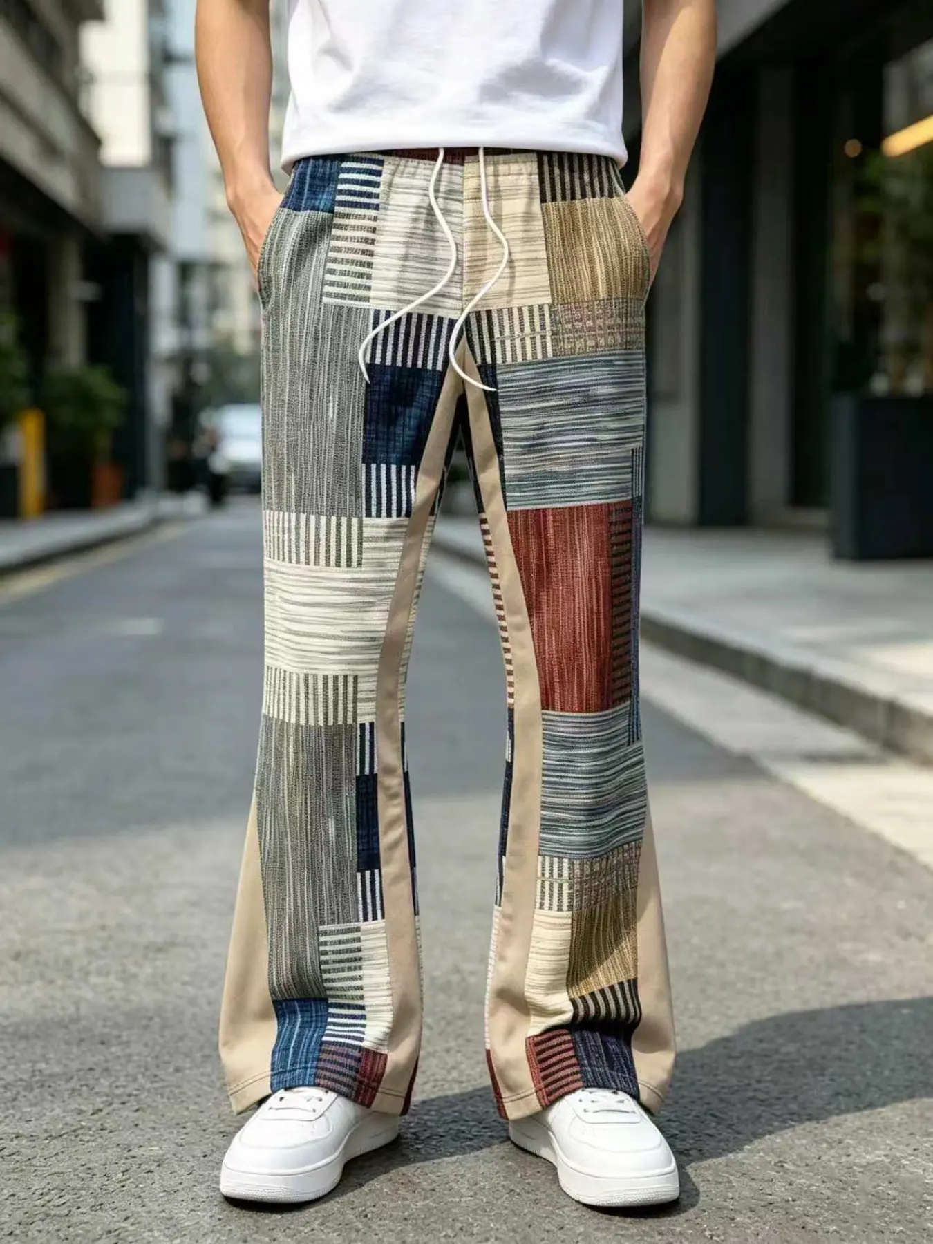 Men's Patchwork Plaid Striped Print Bell Bottom Pants, Drawstring Elastic Waist Retro Colorful Patches Casual Sports Pants