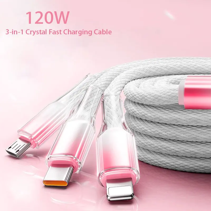 NEW transparent crystal gradient universal 3-in-1 multifunction Cell Phone Charger USB charger, supports Micro, Type-C, and Lightning ports, with up to 120W fast charging and data sync, suitable for smartphones and devices, durable and portable design