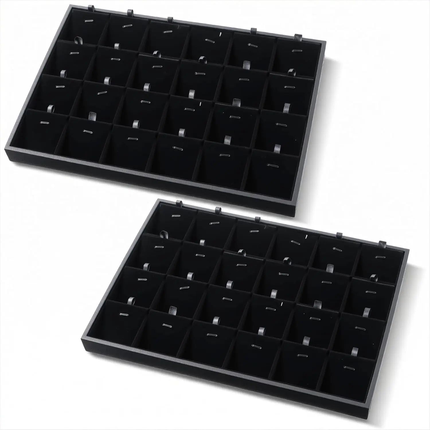 2-Pack 24 Grids Stackable Jewelry Tray Organizers with Removable Dividers – Velvet-Lined Display Trays for Earrings, Necklaces, Bracelets, Rings – Black