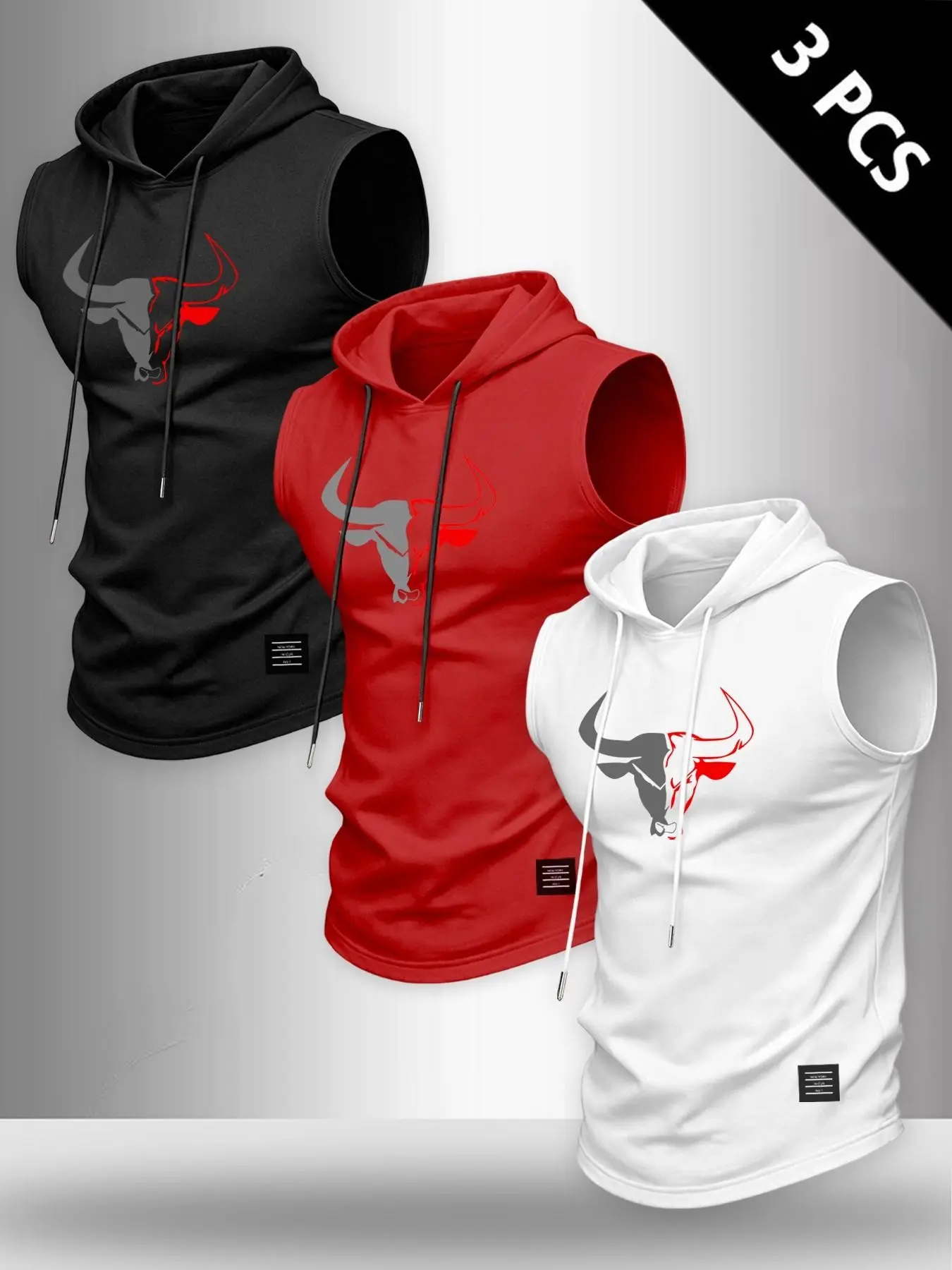 3-Pack Men's Hooded Sports Tank Tops, Bull Head Print, Breathable Sleeveless Design, Casual Summer for Fitness & Daily Wear