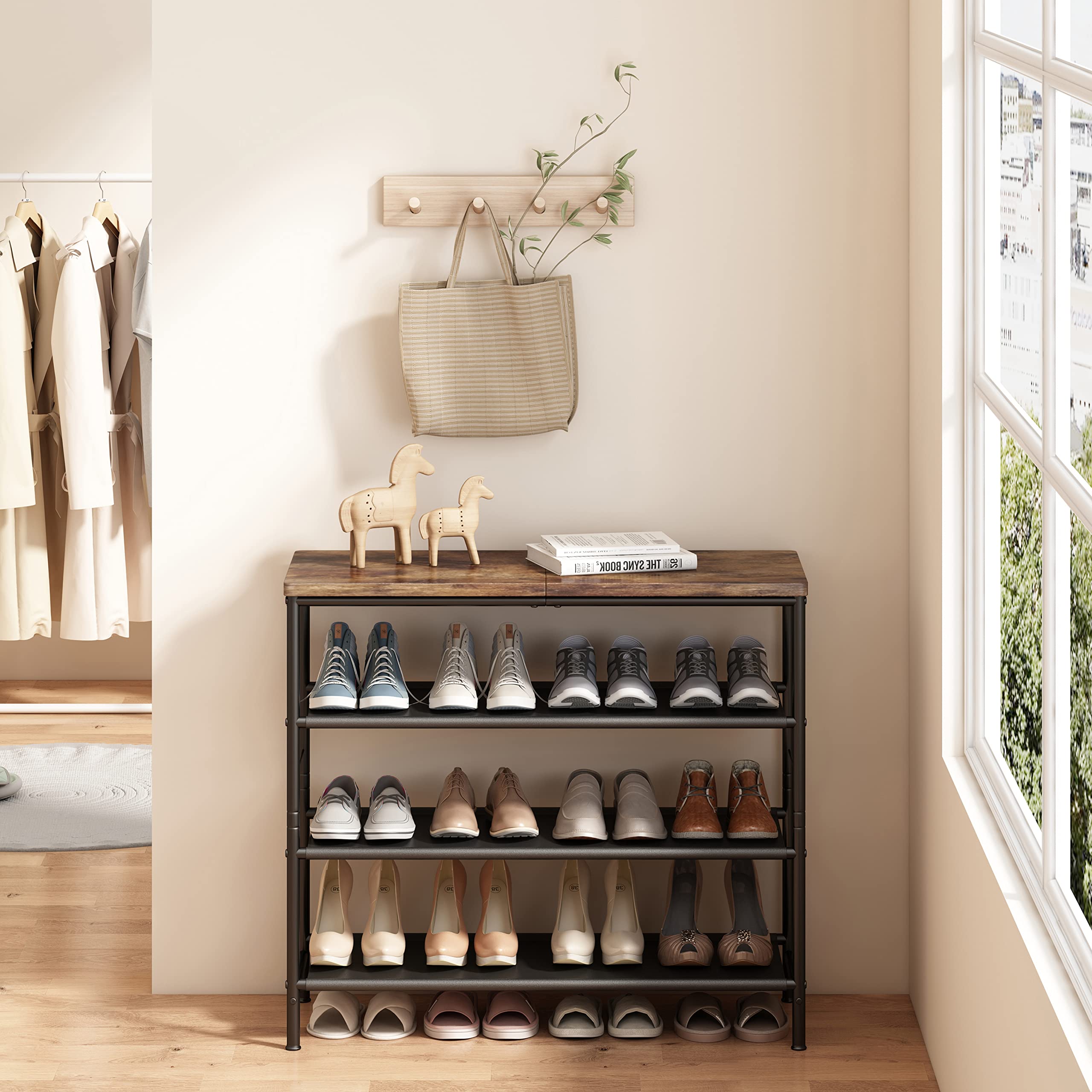 Shoe Rack Organizer 4/ 5/ 6/ Tier Metal Organizer Shelf with Industrial MDF Board and Layer Fabric for Entryway Closet Bedroom Living Room Garage,Black & Rustic Brown【A001】 Deals For You Days Footwear Organization summerwins
