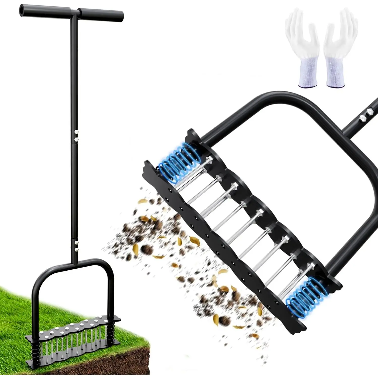 Lawn Aerator -Aerator Lawn Tool with 14 Iron Spikes, Automatic Dirt and Leaf Clean with Spring- Design, Height Adjustable Metal Manual Aerator, Soil Loosening, Yard Aerating, Garden Tool