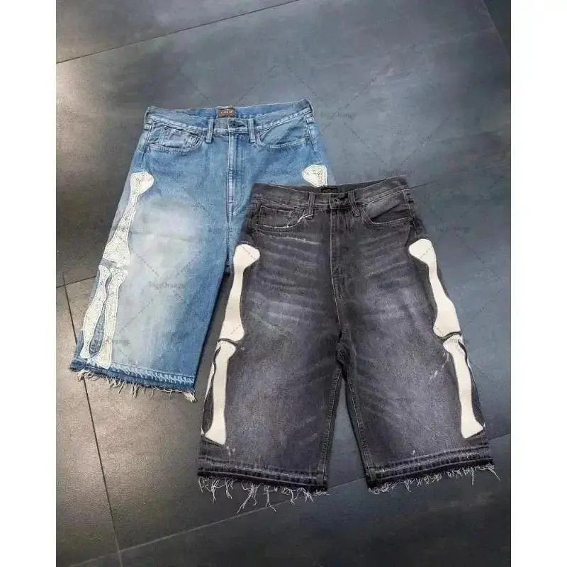 Women's Retro Skeleton Print Jorts, Casual No-Compression Denim Streetwear for Summer Outfits, 2025 Couple-Matching Fashion, Female, Sporty Chic