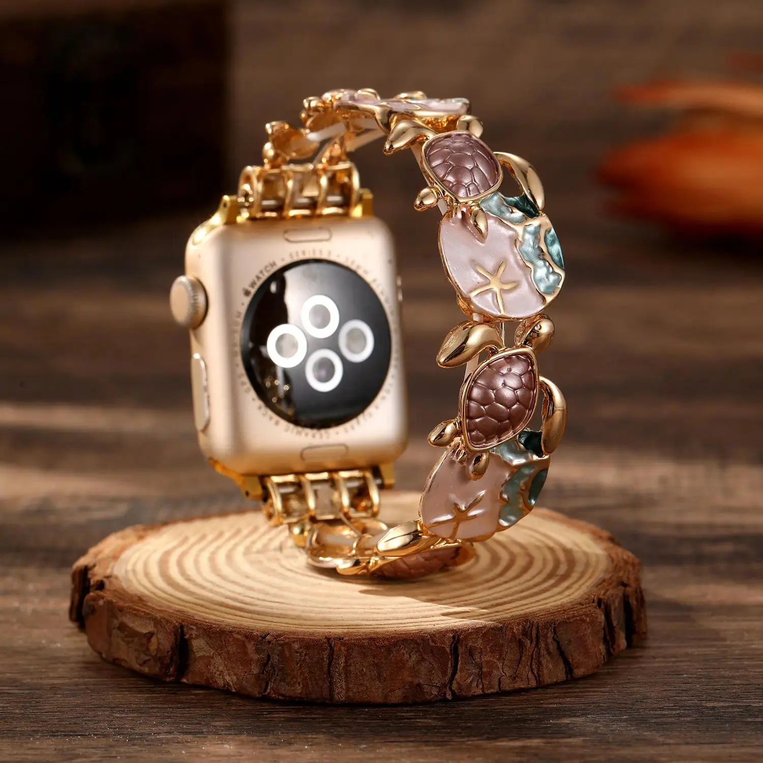 Ocean Theme Enamel Shell & Sea Creature Metal Apple Watch Strap, Decorative Wrist Band with Nautical Charms for All iWatch Models