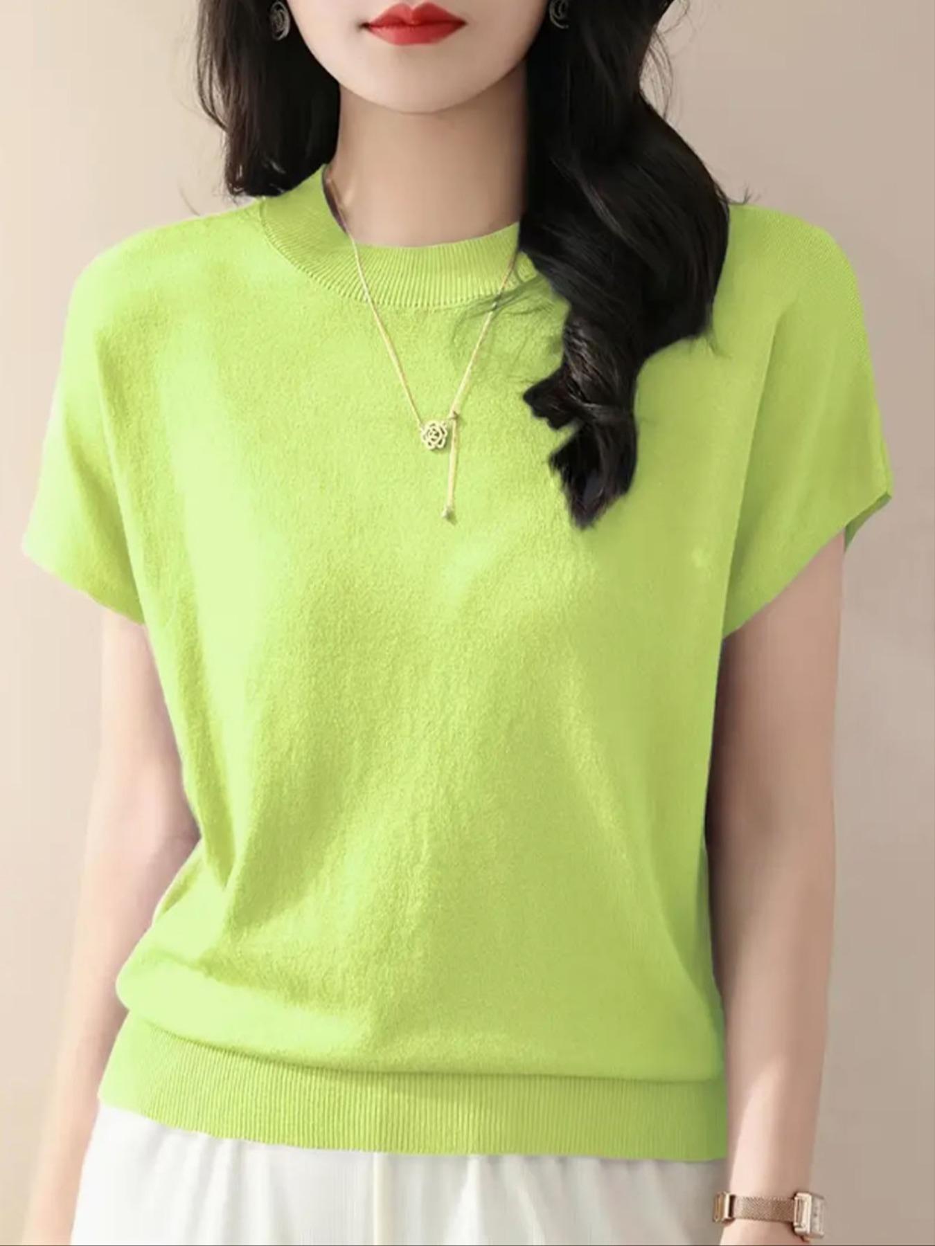 Women's Plain Round Neck Sweater Knitwear, Casual Short Sleeve Crew Neck Jumper for Summer, Fashion Women's Top for Daily Wear