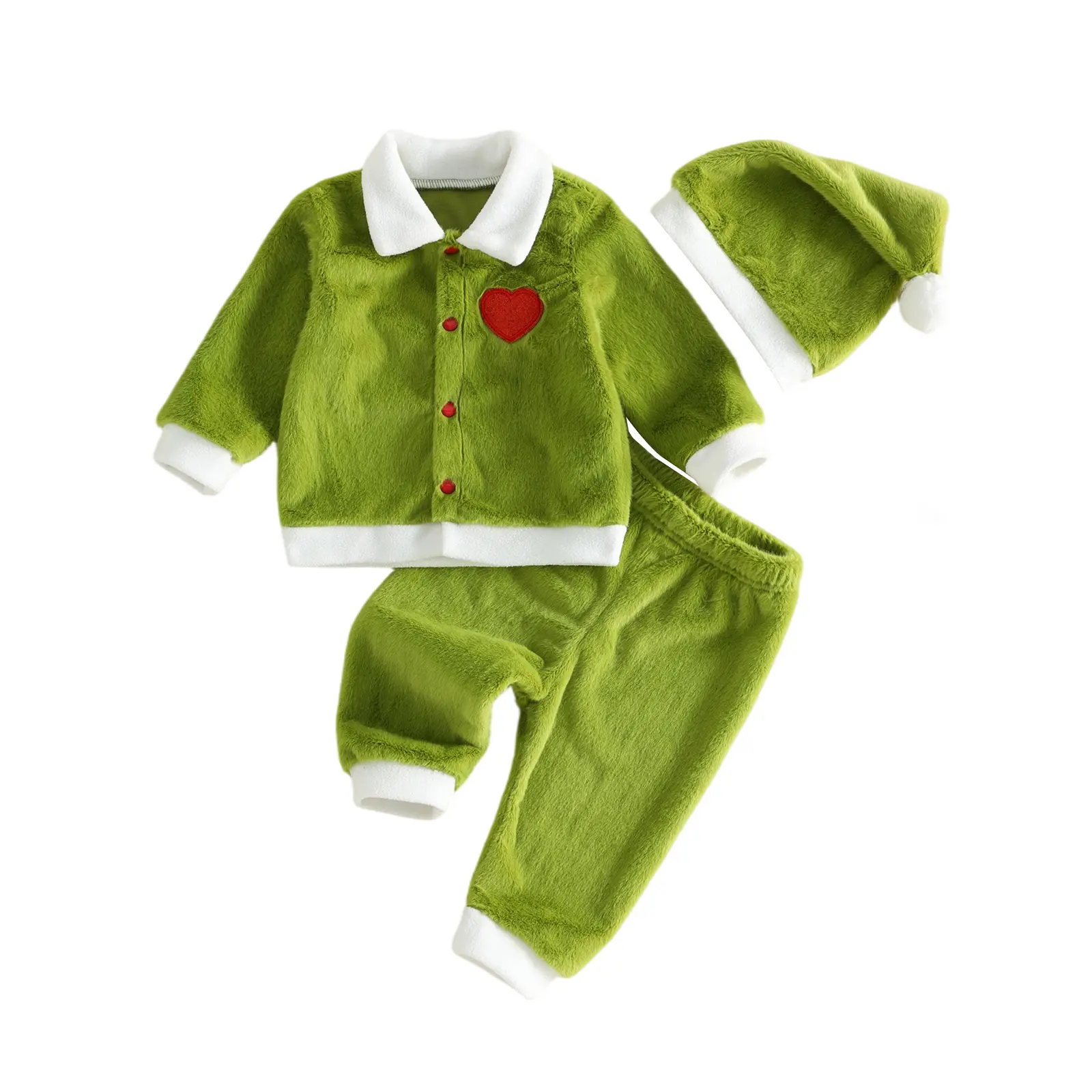 Meihuida Toddler Baby Boy Girl Christmas Outfit Green Monster Furry Long Sleeve Coat Pants with Santa Hat Set 6M-4T